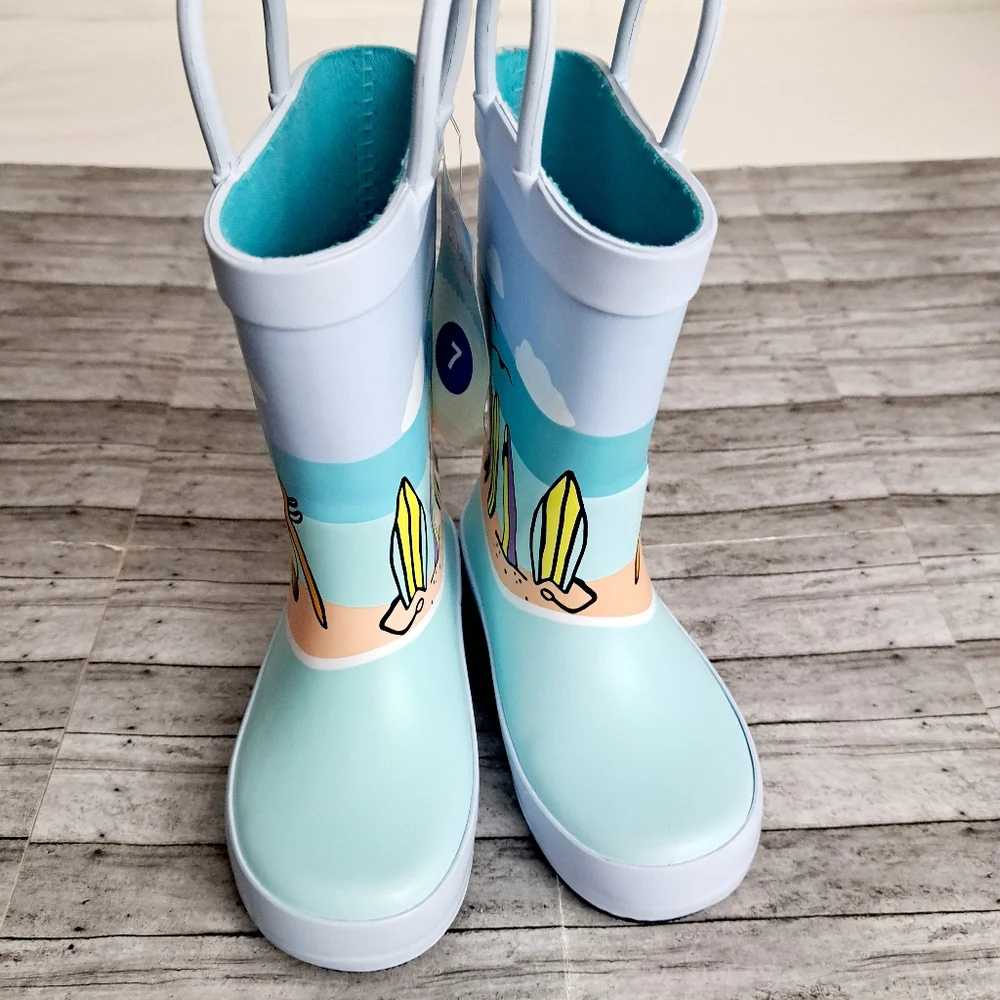 Cat & Jack Boy's Evan Blue Toddler Beach Scene Rubber Slip-on Rain Boots Sz 7
